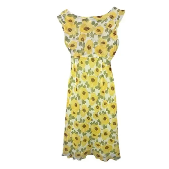 Free People Women's Floral Sunflower Print Chiffon Midi Dress Size L Yellow - Picture 2 of 3